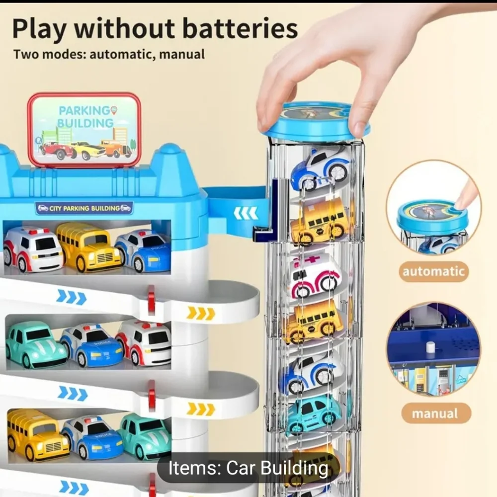 Garage Building Parking Lot Toy Set Perfect Gift Includes 4 Vehicles and Playmat